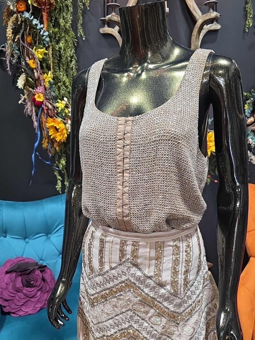 Silk Taupe Fully Beaded Tank Blouse w/ Center Trim & Hook Closure